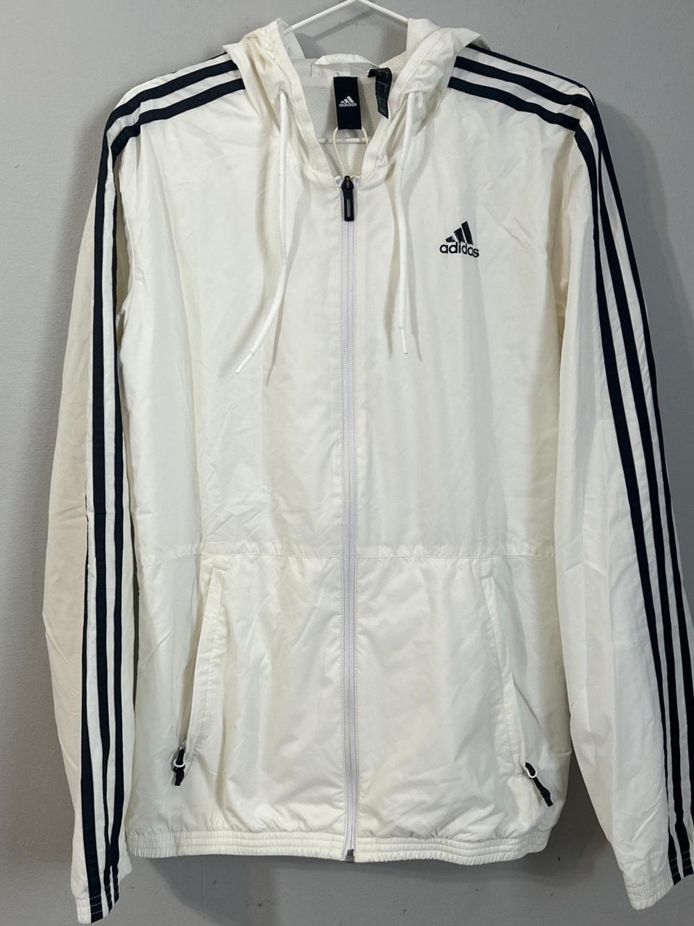 adidas White Hooded Windbreaker with Black 3-Stripes